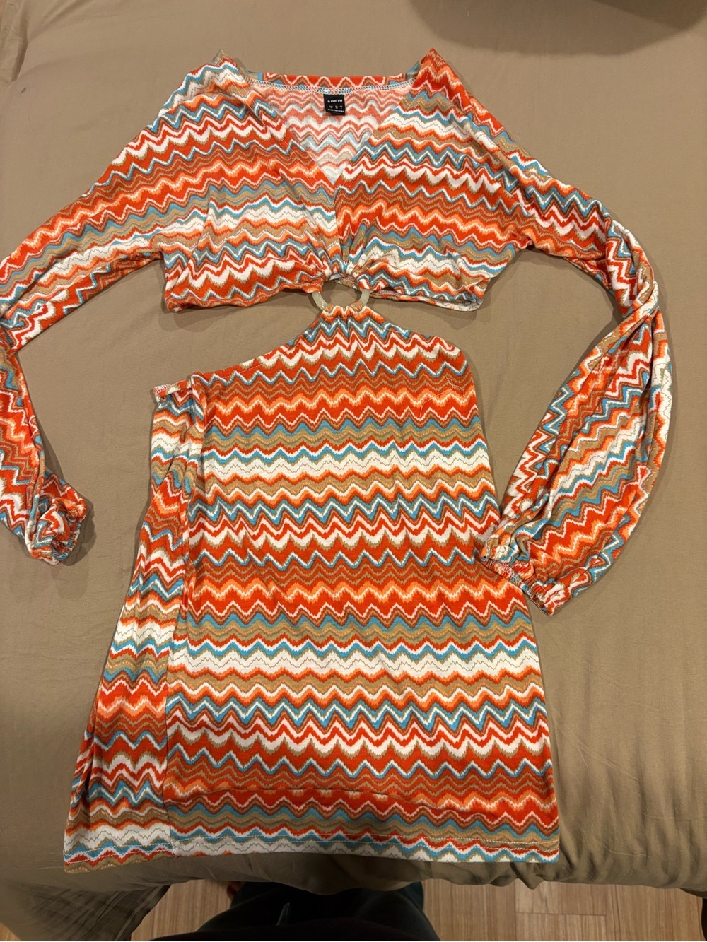 SHEIN Orange Chevron Cutout Mini Dress with Blue and Cream Accents